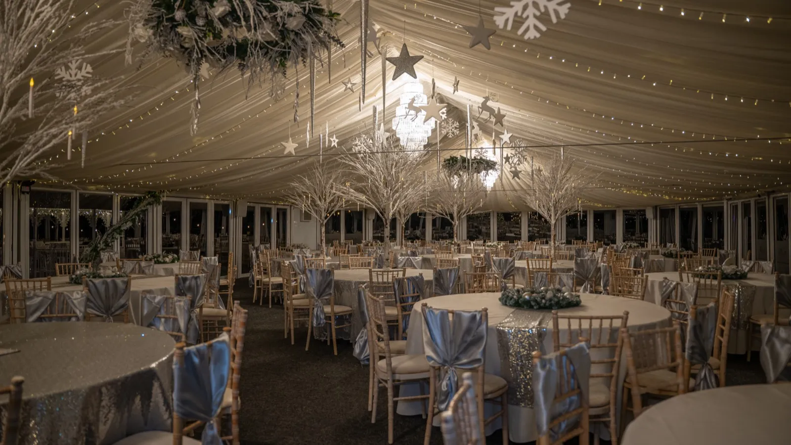 The Arboretum glass pavilion dressed for a celebration at The BarnYard in Kent