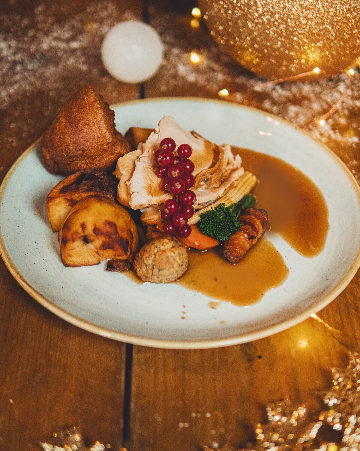 A festive Christmas lunch of roast turkey with all the trimmings, served at The BarnYard