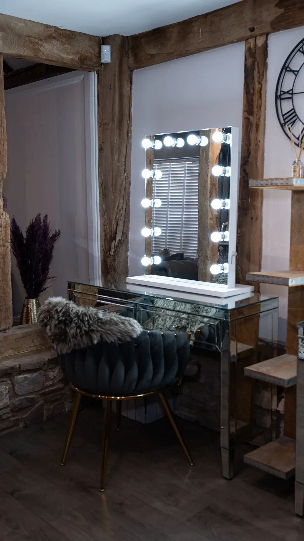 An LED getting-ready station in The Blossom bridal suite at The BarnYard
