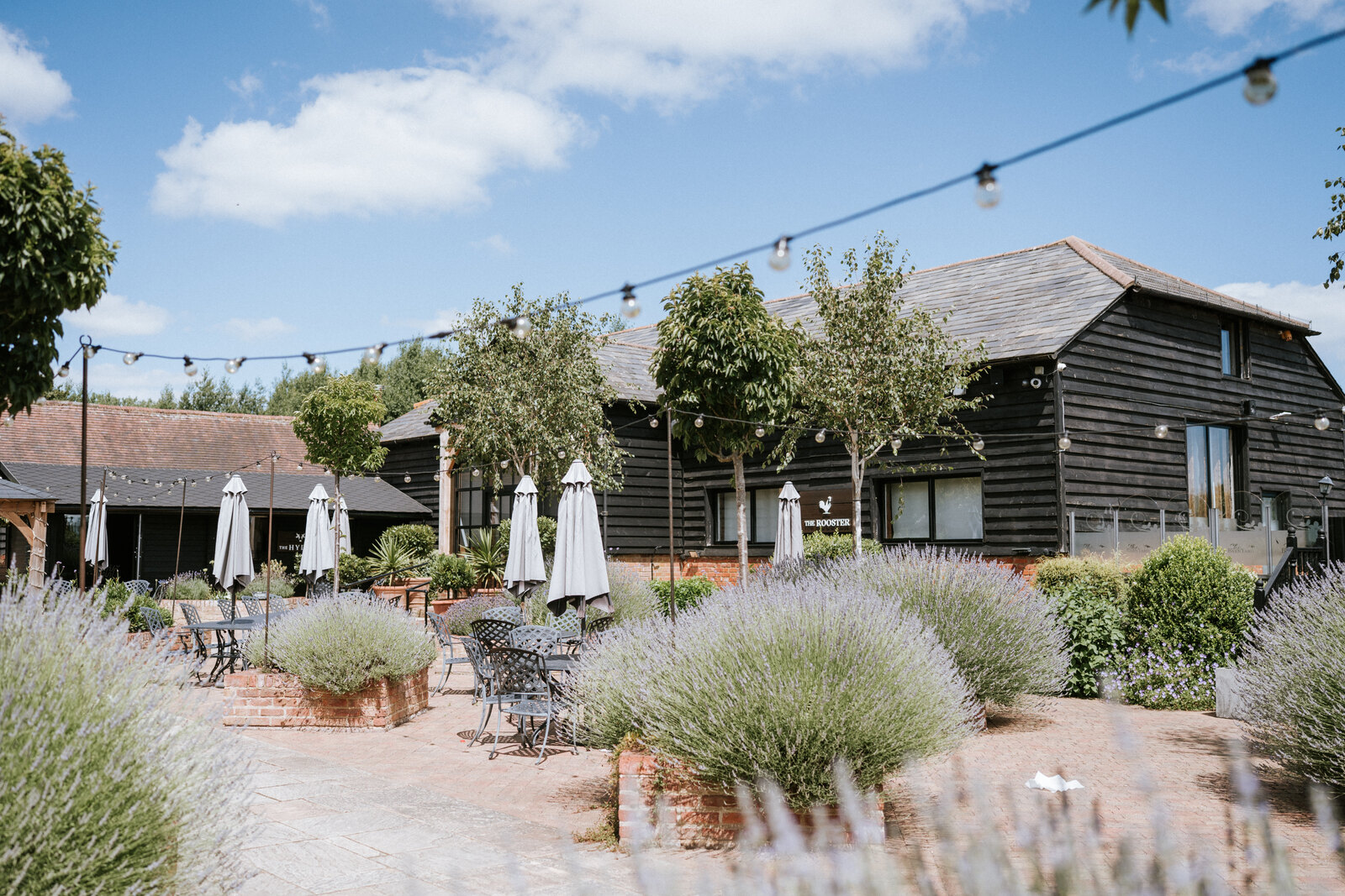 The lavender terrace outside The Rooster at The BarnYard, with tables set out under the festoon lights