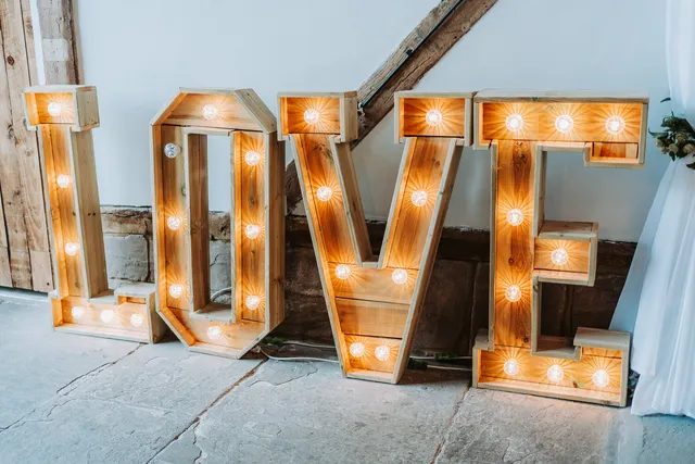 Light-up LOVE letters outside the Apple Barn