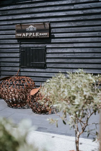 A wire pumpkin filled with gypsophila beneath the Apple Barn sign