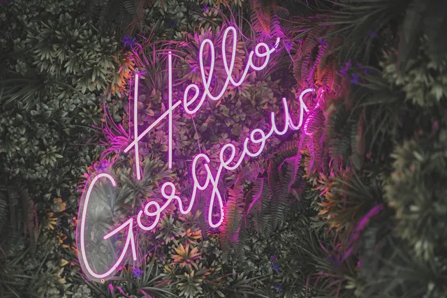 A Hello Gorgeous neon sign in the greenery