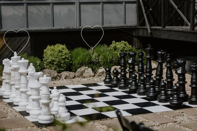 The giant chess set in the garden