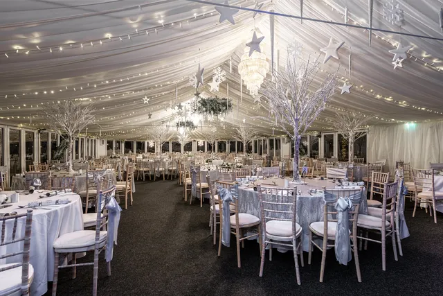 The Arboretum set for a Christmas party with white trees and hanging stars