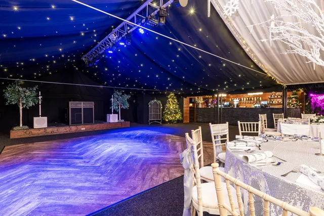 The Arboretum dancefloor lit blue beneath a starlit ceiling