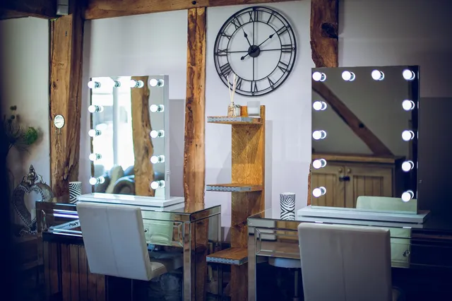The bridal suite vanity with its clock and mirrors