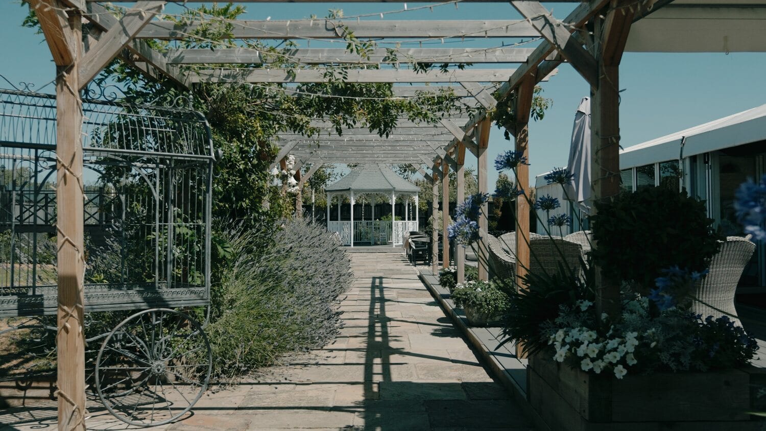 The stone walk leading down to the gazebo at The BarnYard lavender walk