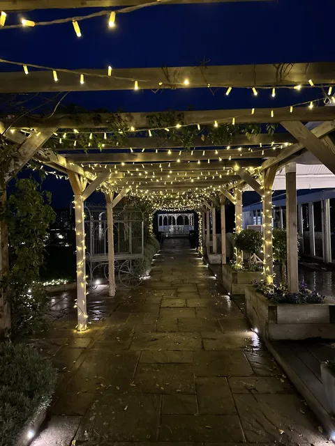 The Lavender Walk lit with festoon lights at dusk