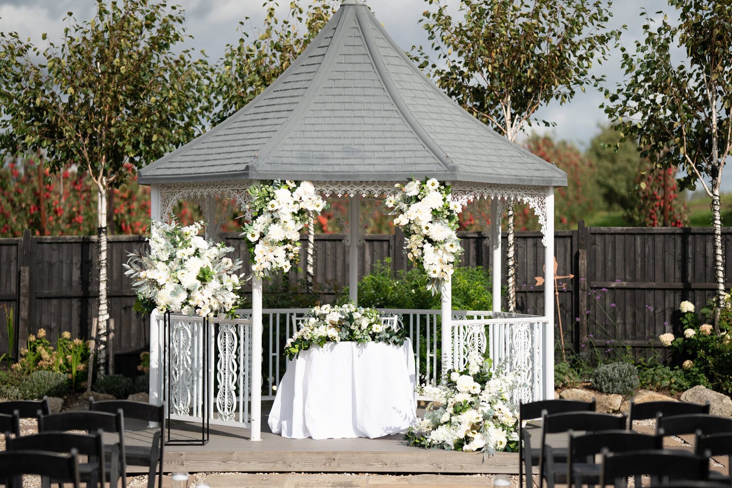 The lavender walk ceremony area set with chairs and the gazebo