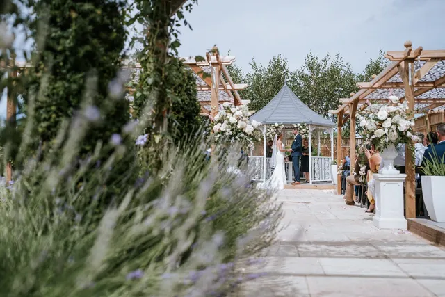The gazebo glimpsed through the lavender