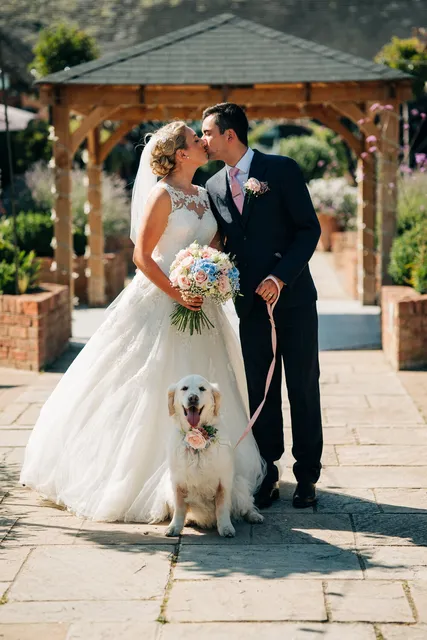 A couple kiss with their golden retriever on the lead beside them
