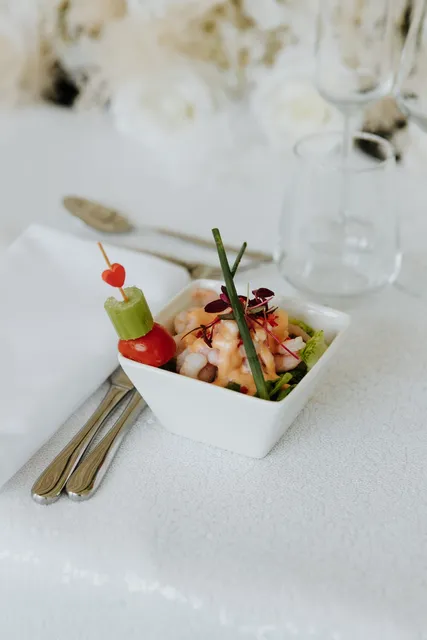 A prawn cocktail starter in a square bowl