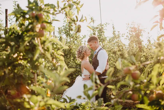 A couple framed by apple branches