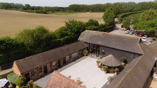 An aerial of the barns and the courtyard