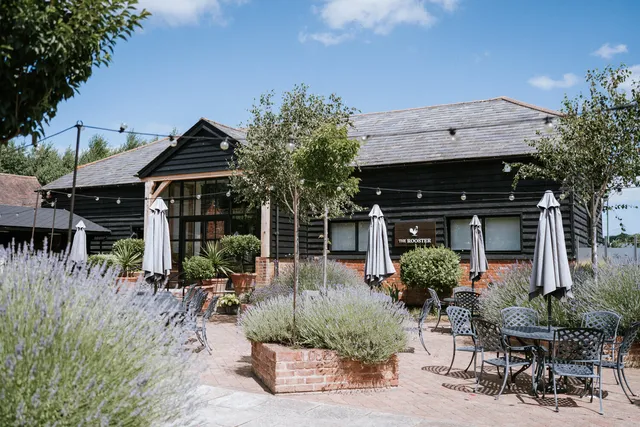 The Rooster restaurant seen from the terrace, lavender beds in front