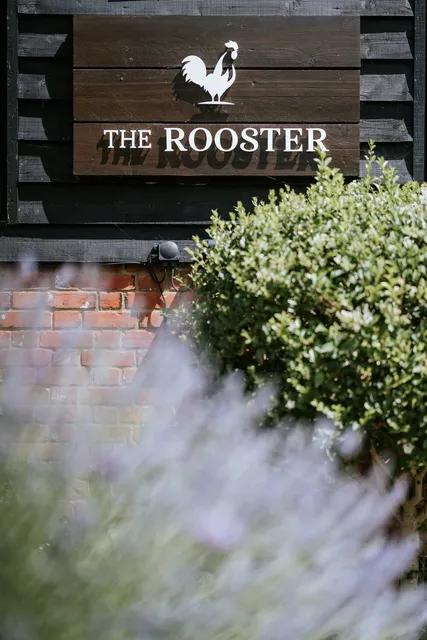 The Rooster's sign on the brick wall behind the lavender