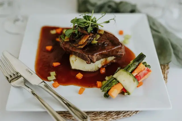 A main course of beef with seasonal vegetables