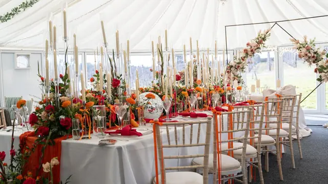 A floral centrepiece on a dressed table