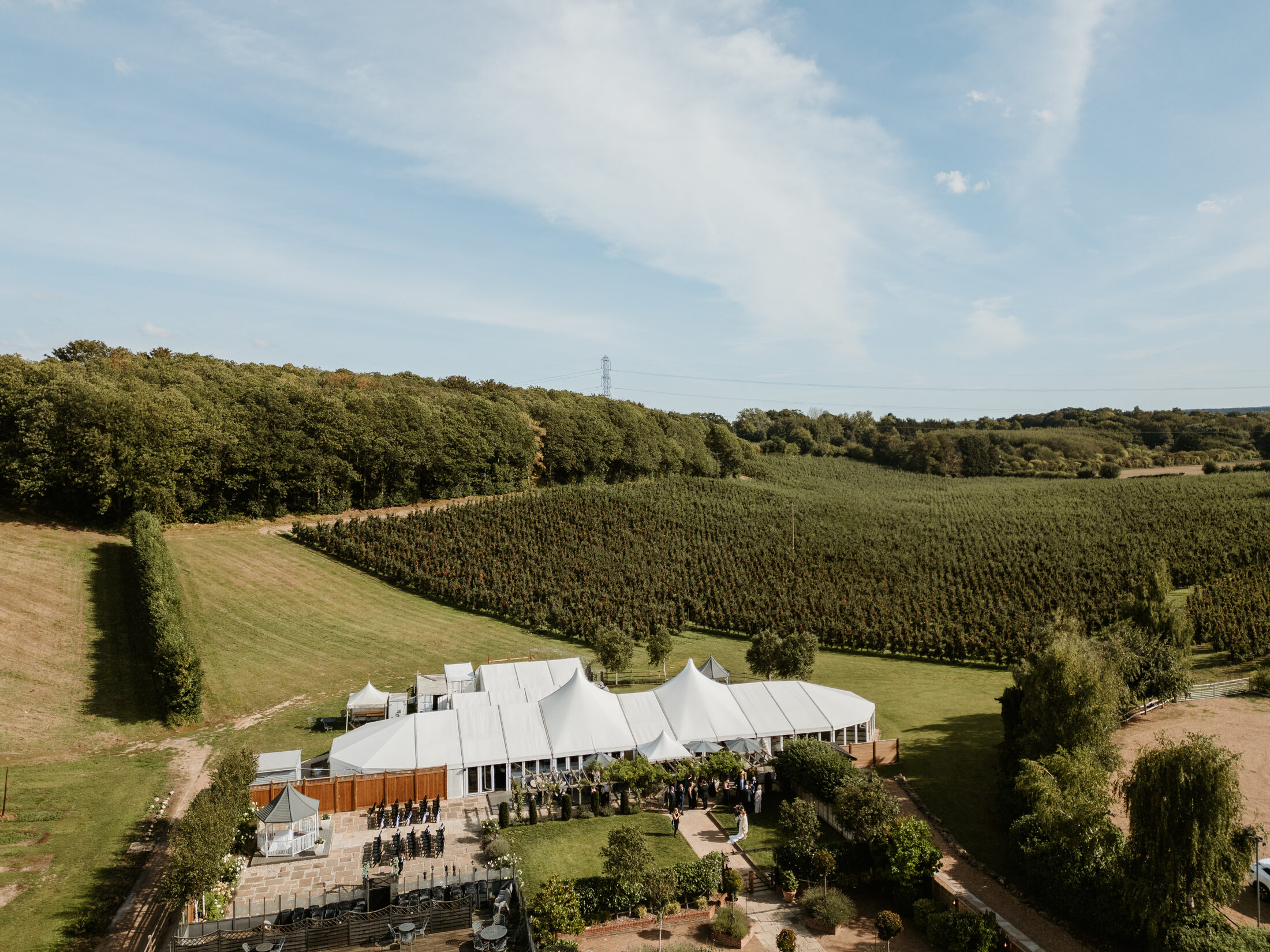 An aerial view of The BarnYard and its orchards in the Kent countryside