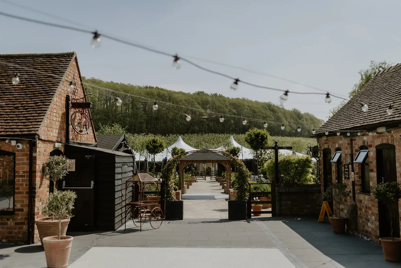 The BarnYard courtyard, a festoon-lit path between the Apple Barn and the Arboretum pavilion