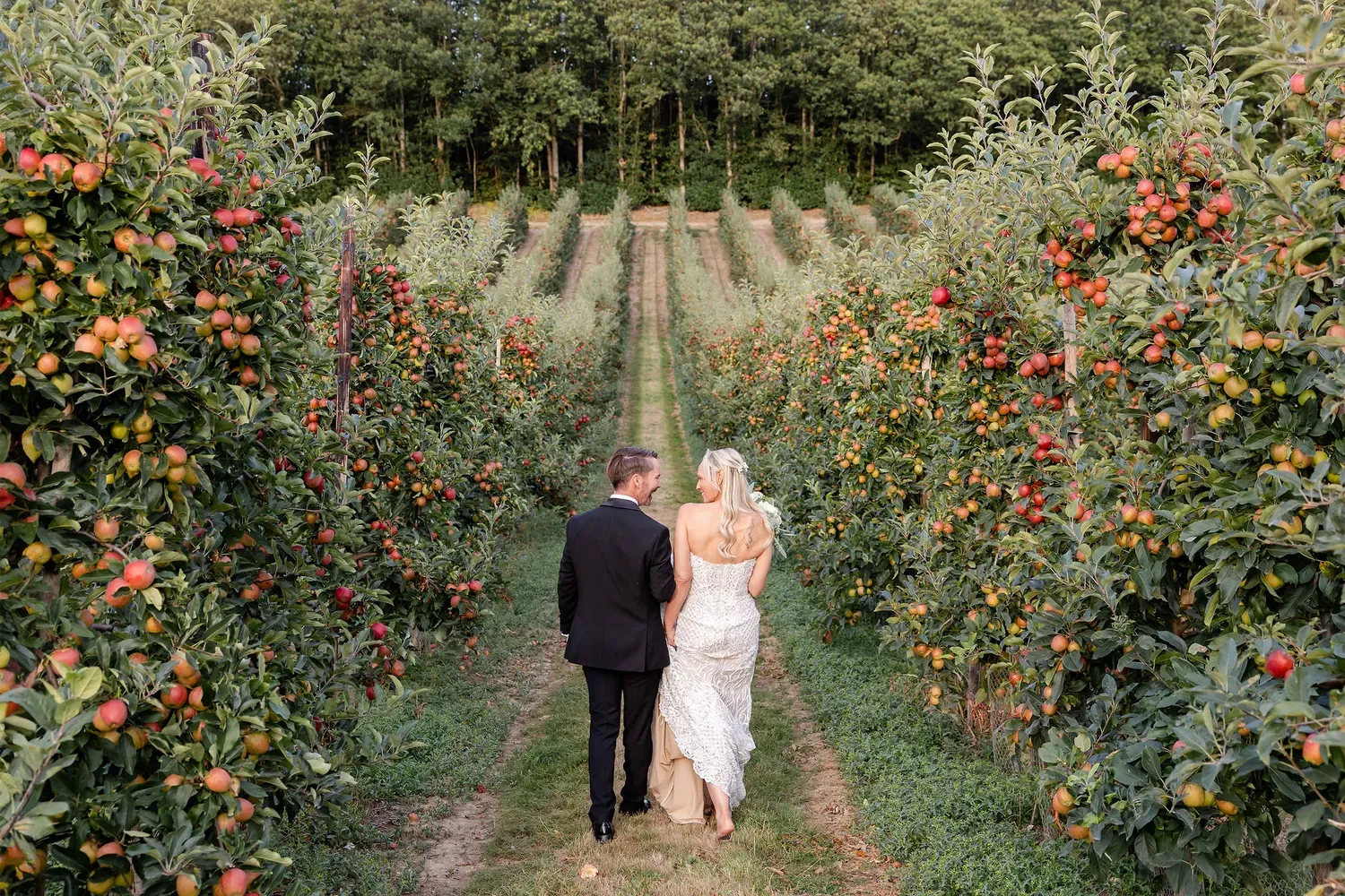 A couple walking through the apple orchards at their wedding at The BarnYard in Kent