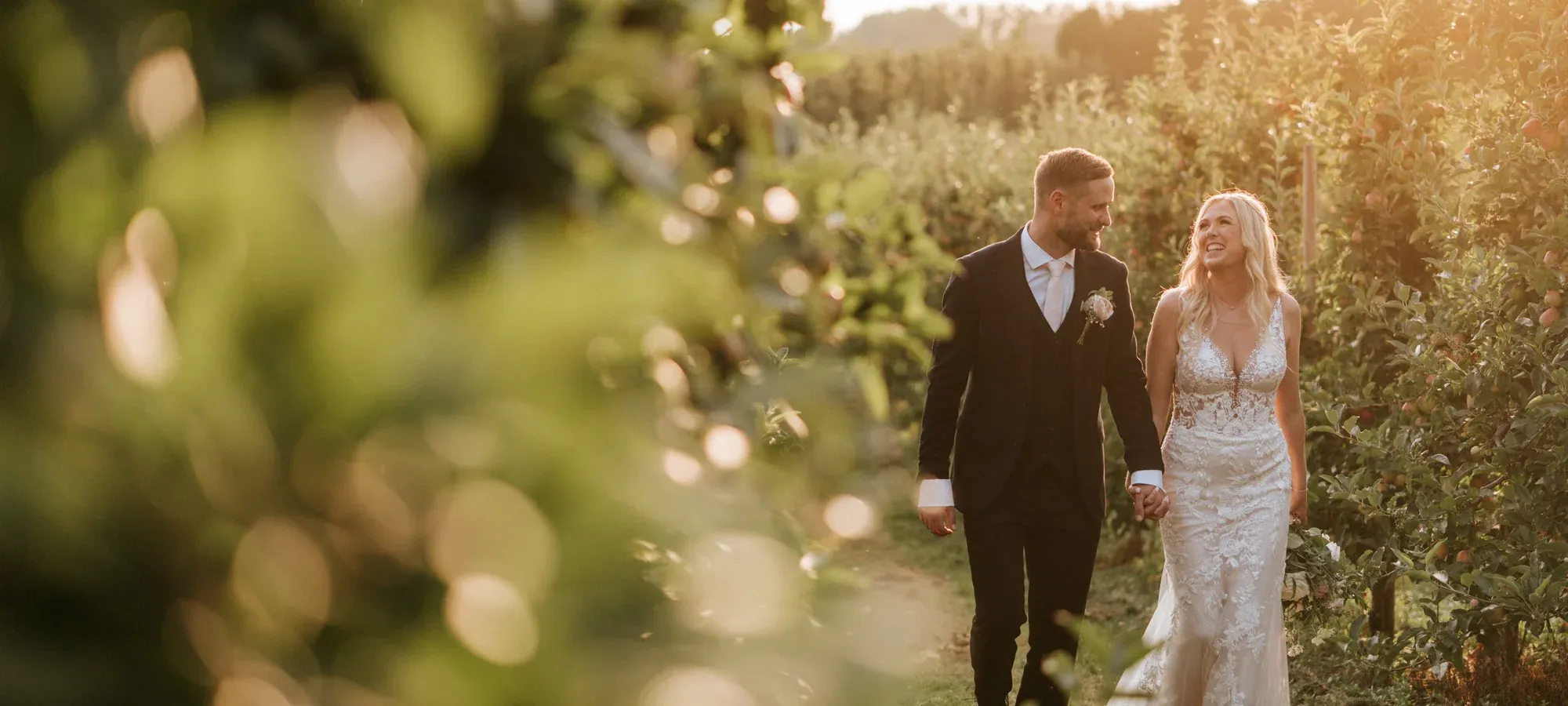 Aerial view of a couple in the orchards at The BarnYard