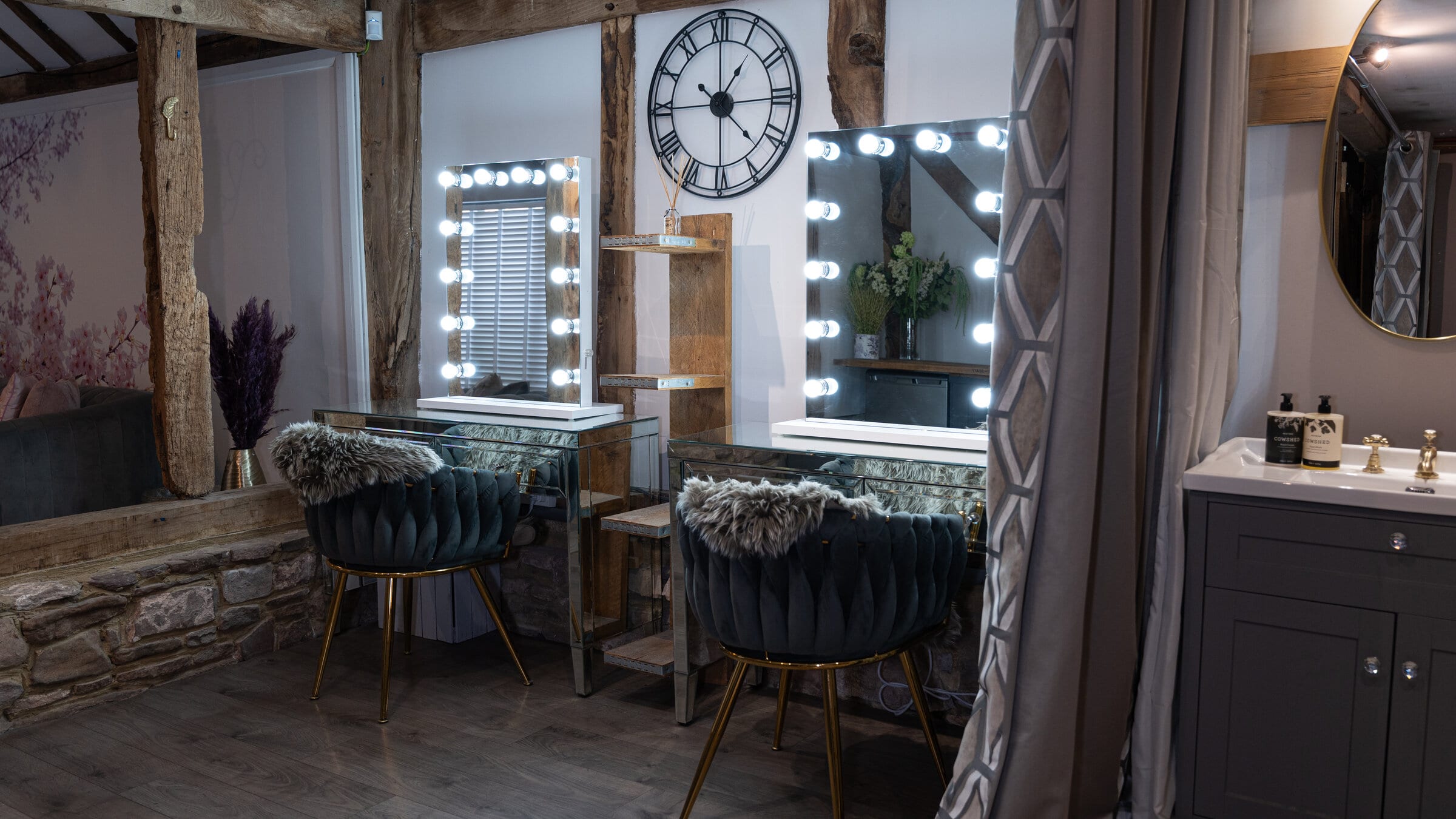 The Blossom bridal suite at The BarnYard, with LED getting-ready stations, oak beams and soft seating