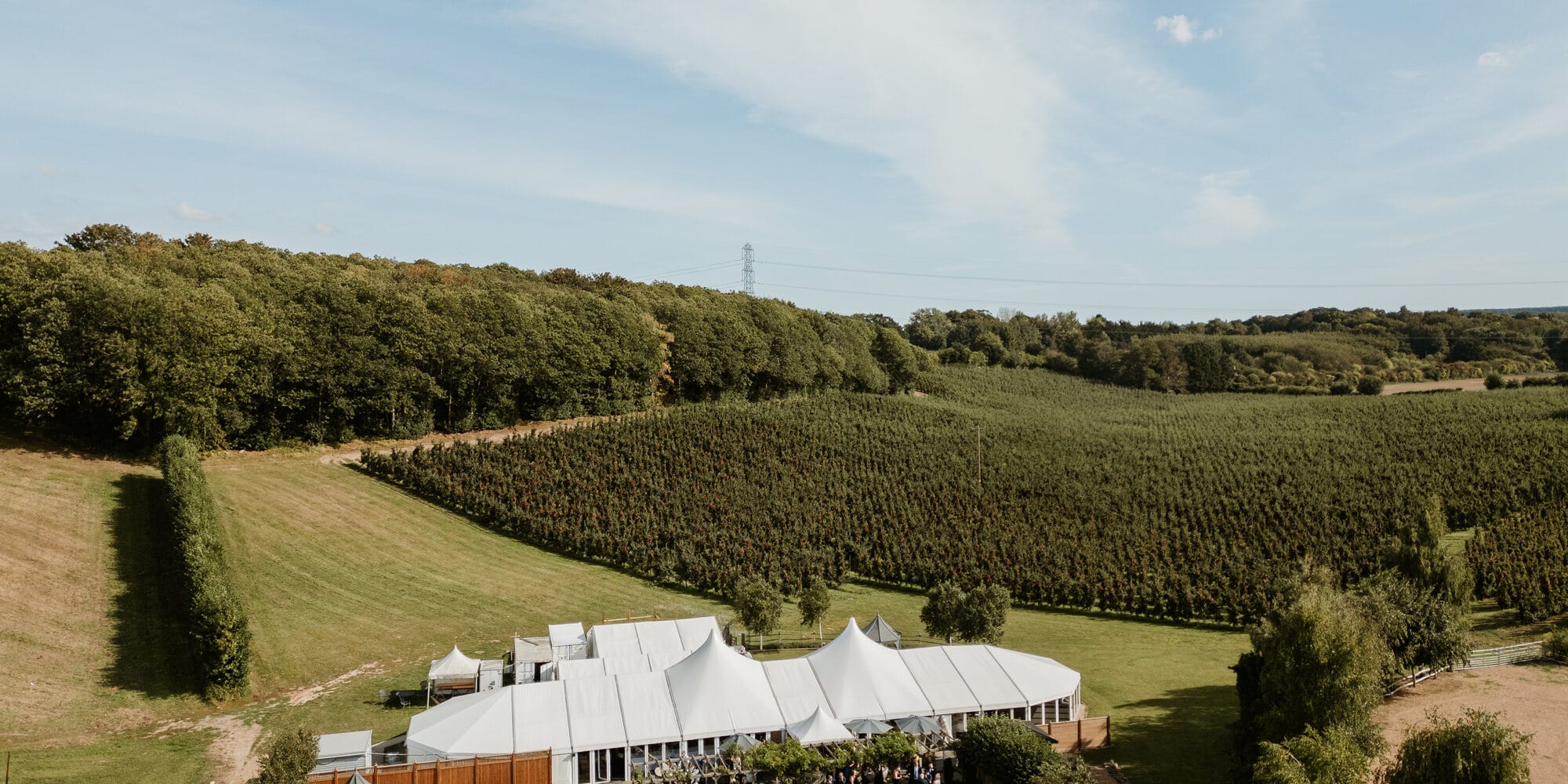 An aerial view of The BarnYard venue and its surrounding orchards